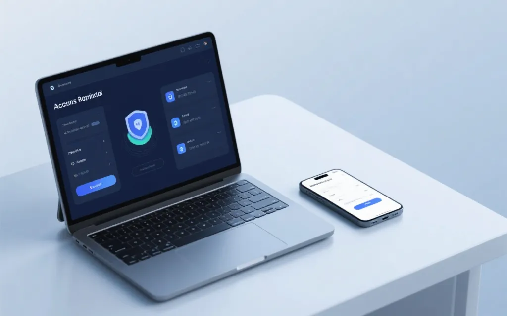 笔记本与手机的安全提示界面，展示账号保护与正规平台核验的概念画面