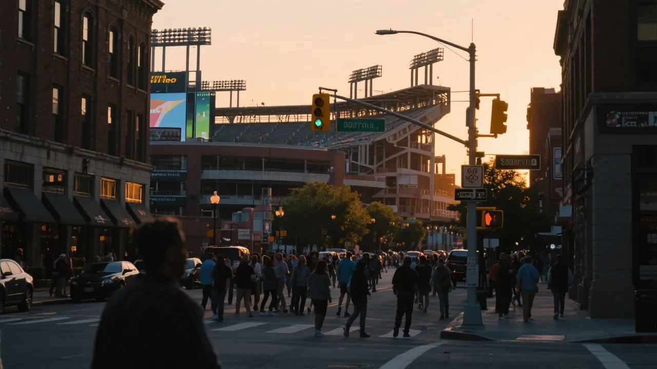 城市傍晚交通与球迷步行入场的氛围，远处体育场灯光亮起