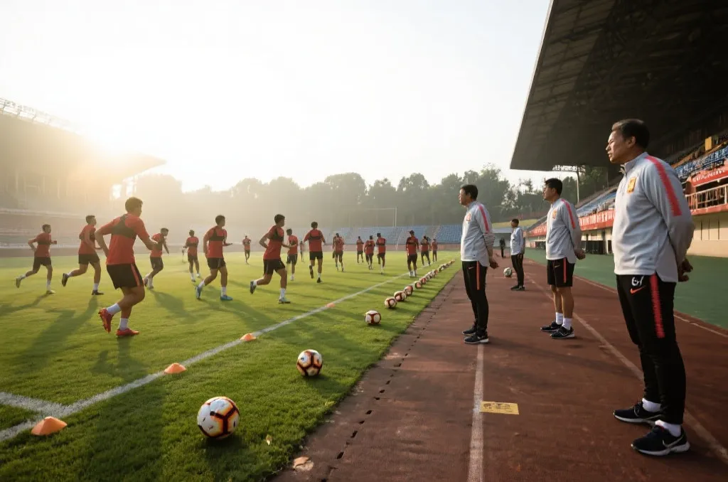 球员在球场热身，教练观察战术执行